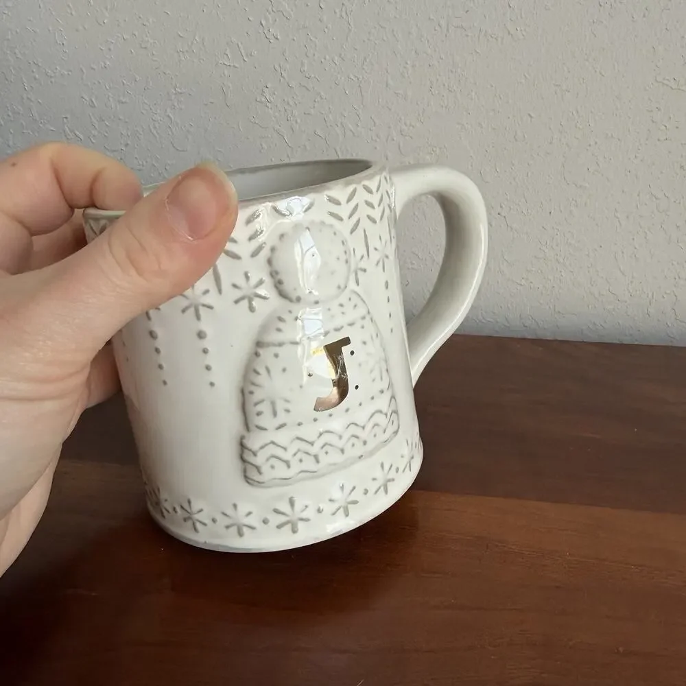 Anthropologie Holiday Christmas Coffee Mug Initial Letter J with Hat & Snowflake